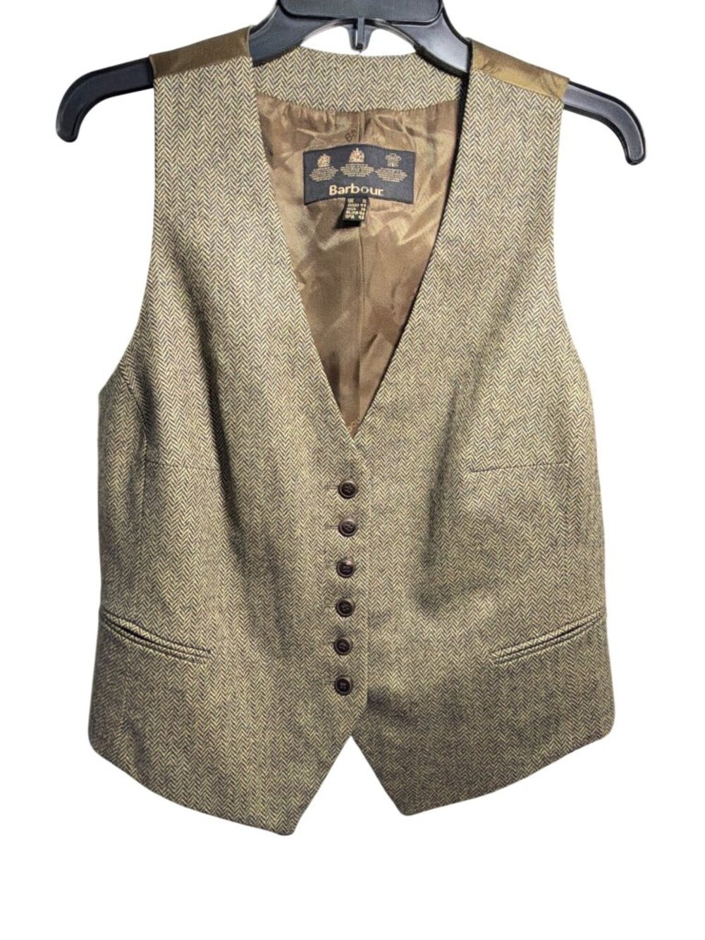 Barbour Herringbone Wool Cashmere Tweed Vest Brown Olive US 14 UK 18